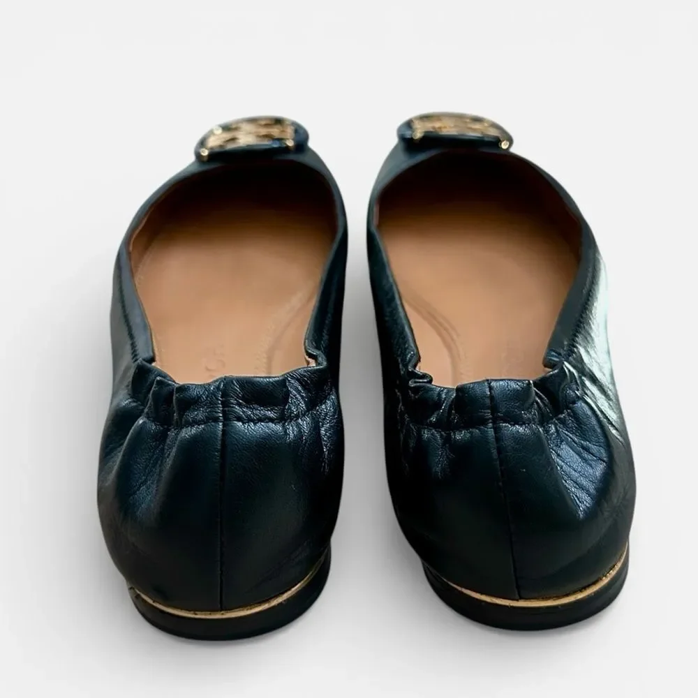 Tory Burch Multi-Logo Ballet Flat Black Leather Size 6.5